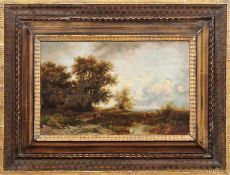 Landschaftsmaler des 19. JahrhundertsAn einem Teichufer rastende PersonenÖl/Holz. 24 x 39 cm.