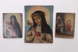 Drei kleine religiöse Darstellungen19. Jh.Heilige Katharina von Siena, Öl/Lwd., 18 x 13,7 cm.