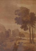 Flusslandschaft mit AnglernA. 19. Jh.Tuschfeder und Sepiaaquarell. Rechts unten monogrammiert 