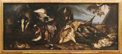 Vitali, CandidoPendants Jagdstillleben(Bologna 1680-1753) Jagdhunde vor auf Waldboden ausgelegter,