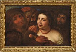 Musikanten mit junger FrauVenedig, 17. Jh.Eine Gruppe von dunkel gekleideten Musikanten umringt eine