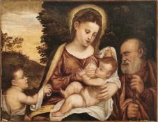 Tintoretto, Jacopo - UmkreisDie Heilige Familie mit dem JohannesknabenVenedig, um 1600. Öl/Holz,