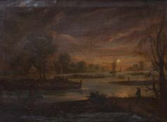 Fischerboote und Dorf im VollmondlichtNiederlande, fr. 19. Jh.Öl/Lwd. 27 x 36,5 cm. - Flickstelle,