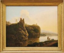 Felsige Flusslandschaft mit Anglern und RuinenDeutscher Frühromantiker des späten 18.