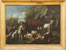 Roos, Cajetan (Attrib.)Zwei Hirten mit ihren Tieren in italienischer Ruinenlandschaft(Rom 1686/90-