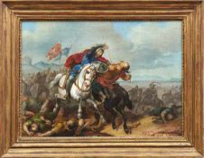 Türkische ReiterschlachtDeutsch-Römer, 19. Jh.Böhmisch-mährische Standarten im Hintergrund. Öl/