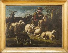 Roos, Cajetan (Attrib.)Hirte mit seinen Tieren in Landschaft ruhend(Rom 1686/90-1770 Wien) Öl/Lwd.