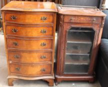 A Victorian walnut music cabinet with a single drawer and glazed door together with a walnut chest