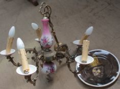 A floral decorated five branch chandelier together with a bone china plate