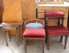 An oak stool together with a corner shelf, bar stool,