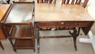 A teak wardrobe and matching dressing table together with a reproduction mahogany sofa table and an