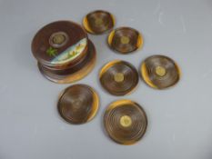 A Vintage Wooden Mallet, approx 30 cms together with a set of Vintage 1950s Wooden Coasters in their