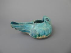 An Antique Persian/Iranian Ceramic Turquoise Oil Lamp, with polygonal body and flattened rectangular