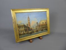 An Antique Oil on Canvas, depicting St Marks Square and Bell Tower Venice, approx 29.5 x 20.5 cms,