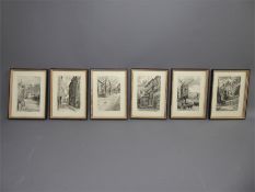 Six Black and White Dry Point Etching Prints, depicting Parisian scenes.
