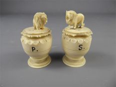 A Pair of Antique Carved Ivory Salt and Pepper Shakers (Pre-1947)