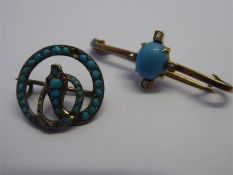 A 9ct Yellow Gold and Diamond Turquoise Brooch.