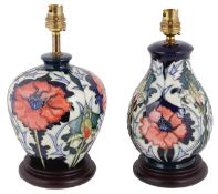 Two Moorcroft Rachel Bishop Poppy pattern table lamps, late 20th century