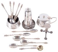 A collection of silver cruets, teaspoons and other silver ware