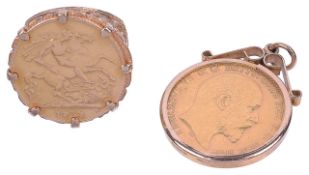 A fine gold pendant mounted sovereign and a half sovereign mounted ring