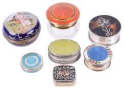 A collection of Edwardian and contemporary silver and enamel miniature pill boxes
