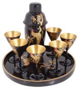 A Japanese lacquered papier mache cocktail suite, circa 1930's