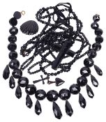 An impressive Victorian Whitby jet pendant necklace and other items