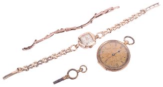 A 18k open faced pocket watch and a 9ct Record ladies wristwatch
