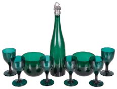 A suite of six Bristol green glass wine glasses, with two finger bowls and bottle,