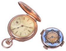 A 14k gold Waltham ladies pocket watch and an Edwardian enamel and jewelled wristwatch
