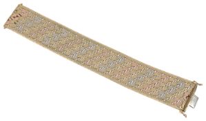 A 9ct three coloured gold wide flexible bracelet