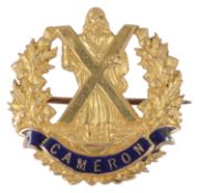 A 15ct gold WW1 Cameron Highlanders Regiment enamel sweetheart bar brooch, maker V & S