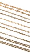 Four thin 9ct gold chains and one 18ct gold chain