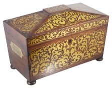 A Regency rosewood and brass inlaid sarcophagus shaped tea caddy,