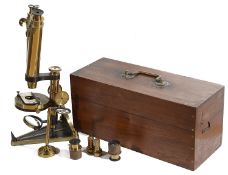 A mahogany cased R & J Beck brass and black painted binocular microscope, late 19th century