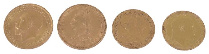 A Victorian gold sovereign, a George V sovereign and two half sovereigns