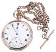 A 9ct gold open faced pocket watch, with 9ct rose gold watch chain(2)