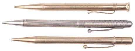 A 9ct gold cased pencil, a silver cased pencil; other(3)