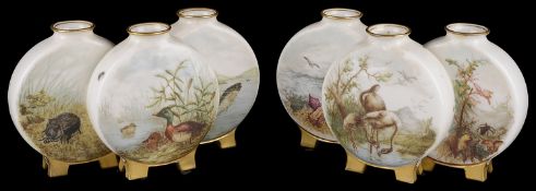 Pair of Royal Worcester aesthetic movement triple moon flasks c1880(2)