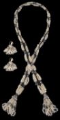 Edwardian seed pearl, pearl and cut steel sautoir with earrings(2)