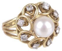 An 18ct gold mounted cultured pearl and diamond set fancy ring