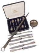 A collection of Georgian and later silver, meat skewer, salt, coffee spoons, dessert knives etc..