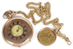 A 9ct rose gold Waltham half hunter pocket watch, 18ct watch chain, Victoria 1887 double sovereign