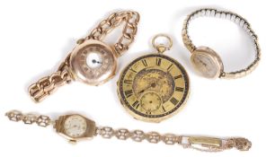 Three 9ct gold wristwatches and a 18k gold open faced pocket watch