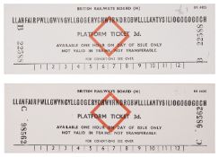 Two 1960s train platform tickets for Llanfairpwll, Wales