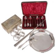 A collection of Victorian and later silver, including boot hook, napkin rings, butter knife, salver