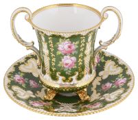 A Royal Crown Derby green ground two handled cup and matched stand, circa 1899