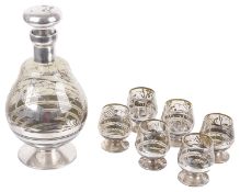 A Bohemian silvered glass decanter with six matching glasses, mid 20th century