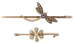 An attractive Edwardian sapphire and seed pearl dragonfly brooch