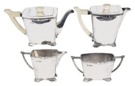 A George VI Art Deco four piece silver and ivory tea service, hallmarked Sheffield 1939